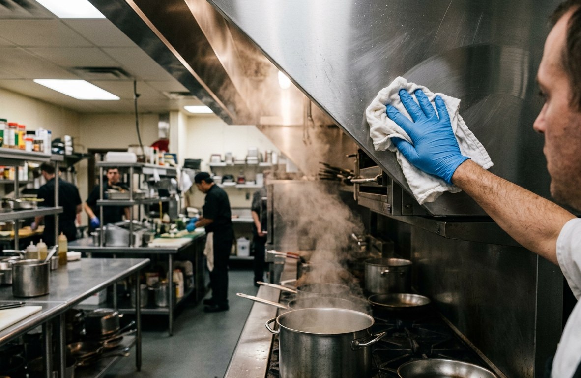 Gloved hand wiping a stainless steel commercial range hood with a white cloth