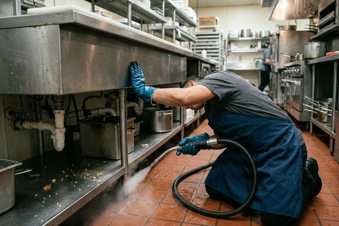 Steam wand cleaning beneath a stainless steel counter line
