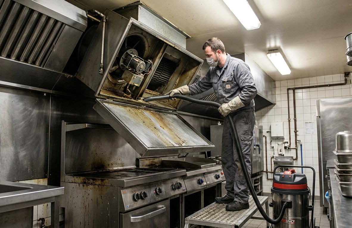 Worker vacuuming grease from a commercial exhaust fan assembly above a range