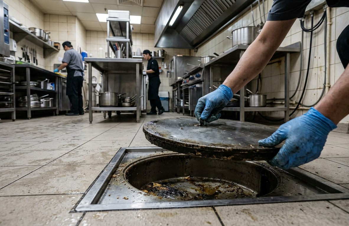 Nitrile-gloved hands removing a grease trap cover from a stainless basin