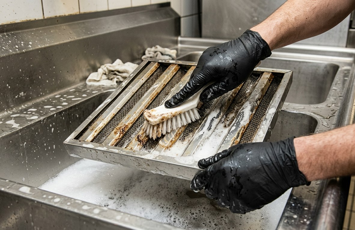 Black gloved hands deep cleaning a grease-laden stainless hood filter with foam and brush