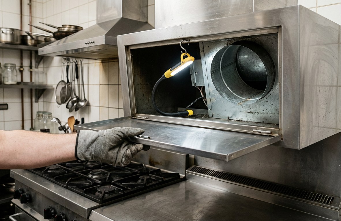 Gloved hand opening a stainless range hood panel revealing duct interior