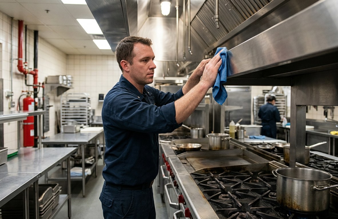 Uniformed contractor wiping a stainless steel range hood edge with a blue cloth