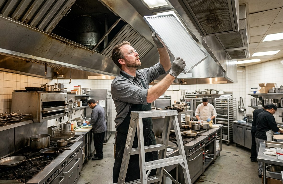 Worker holding a new white filter up to an open ceiling vent on a ladder