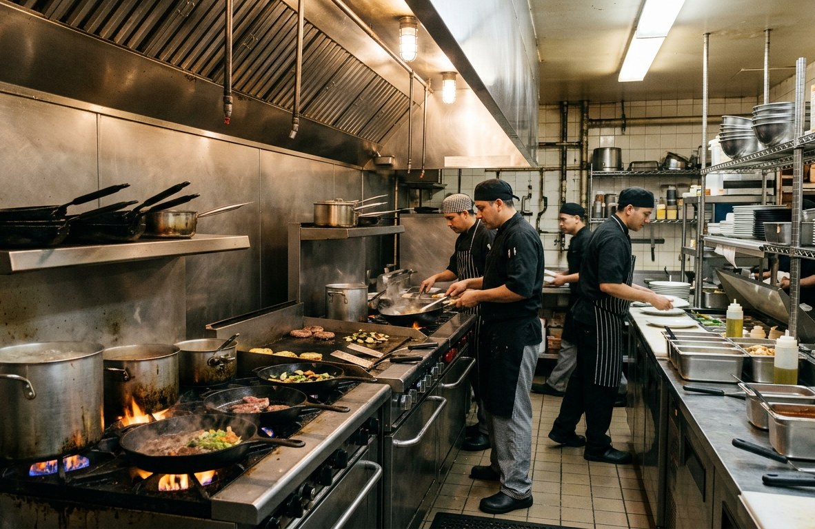 Technician opening a stainless steel access panel to inspect commercial kitchen ductwork